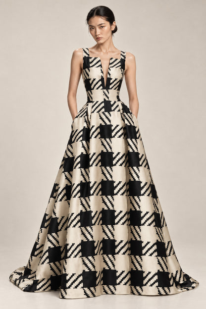 OVERSCALE HOUNDSTOOTH SILK GOWN