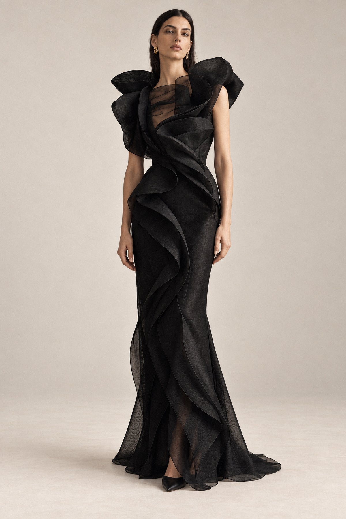 SCULPTED BLACK SILK ORGANZA GOWN