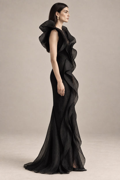 SCULPTED BLACK SILK ORGANZA GOWN