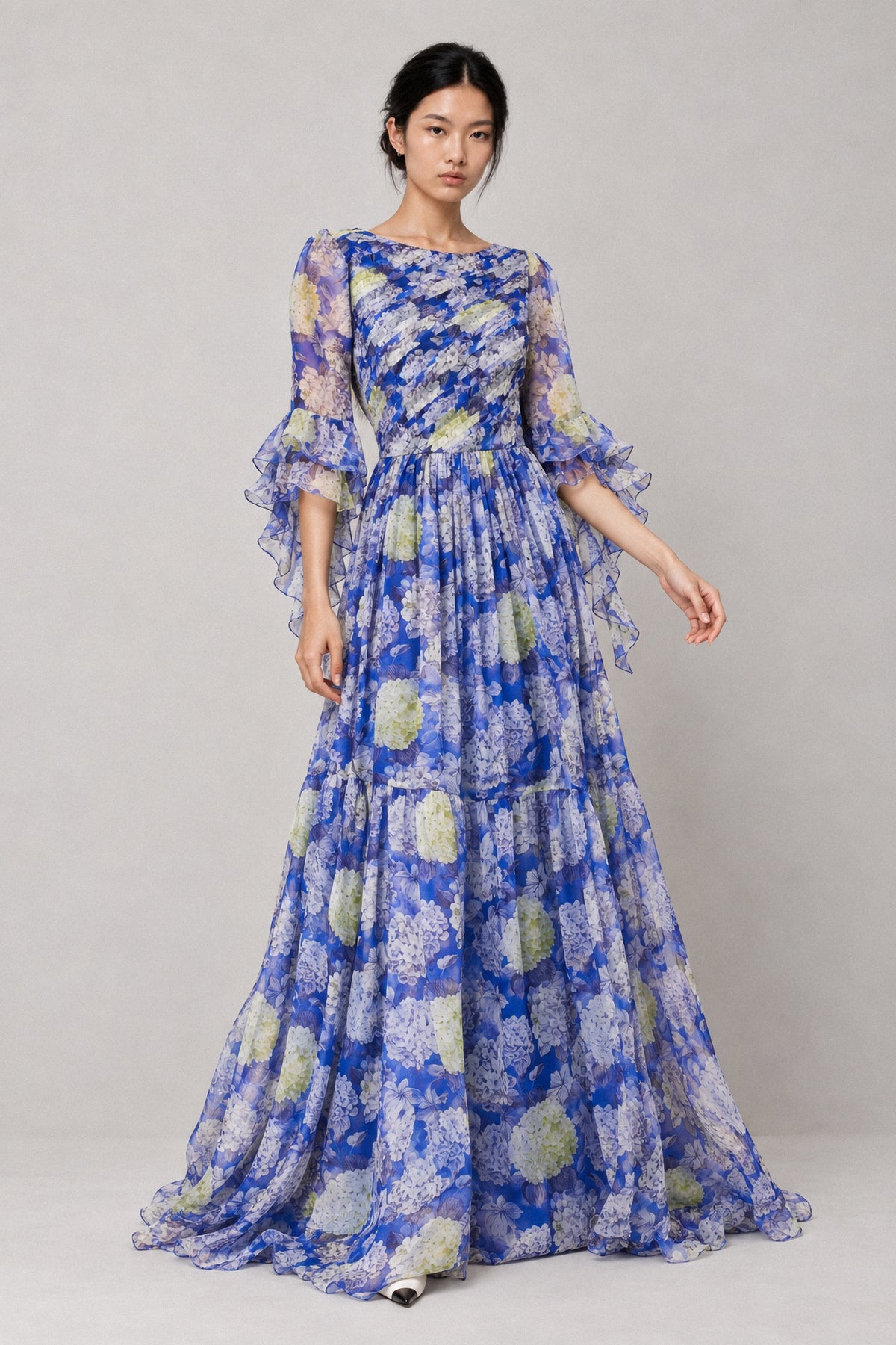 BLUE HYDRANGEA SILK CHIFFON GOWN