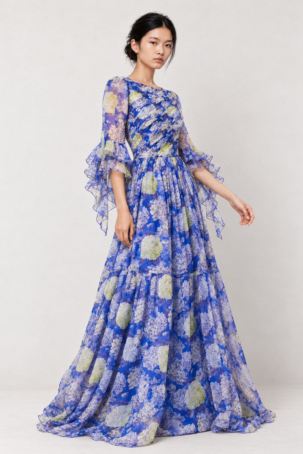 BLUE HYDRANGEA SILK CHIFFON GOWN