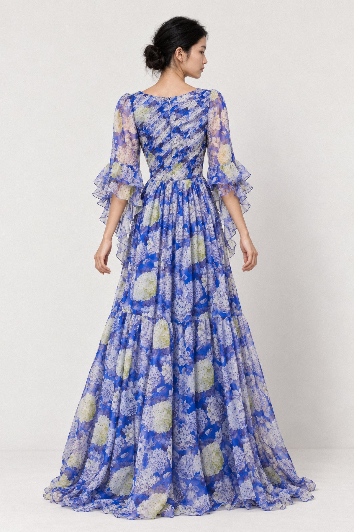 BLUE HYDRANGEA SILK CHIFFON GOWN