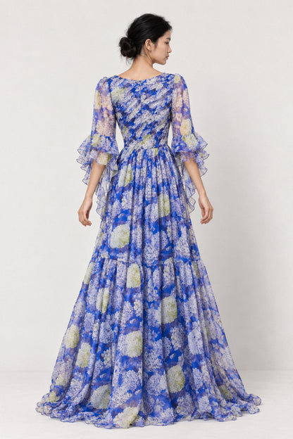 BLUE HYDRANGEA SILK CHIFFON GOWN