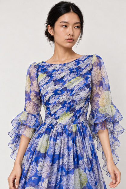BLUE HYDRANGEA SILK CHIFFON GOWN