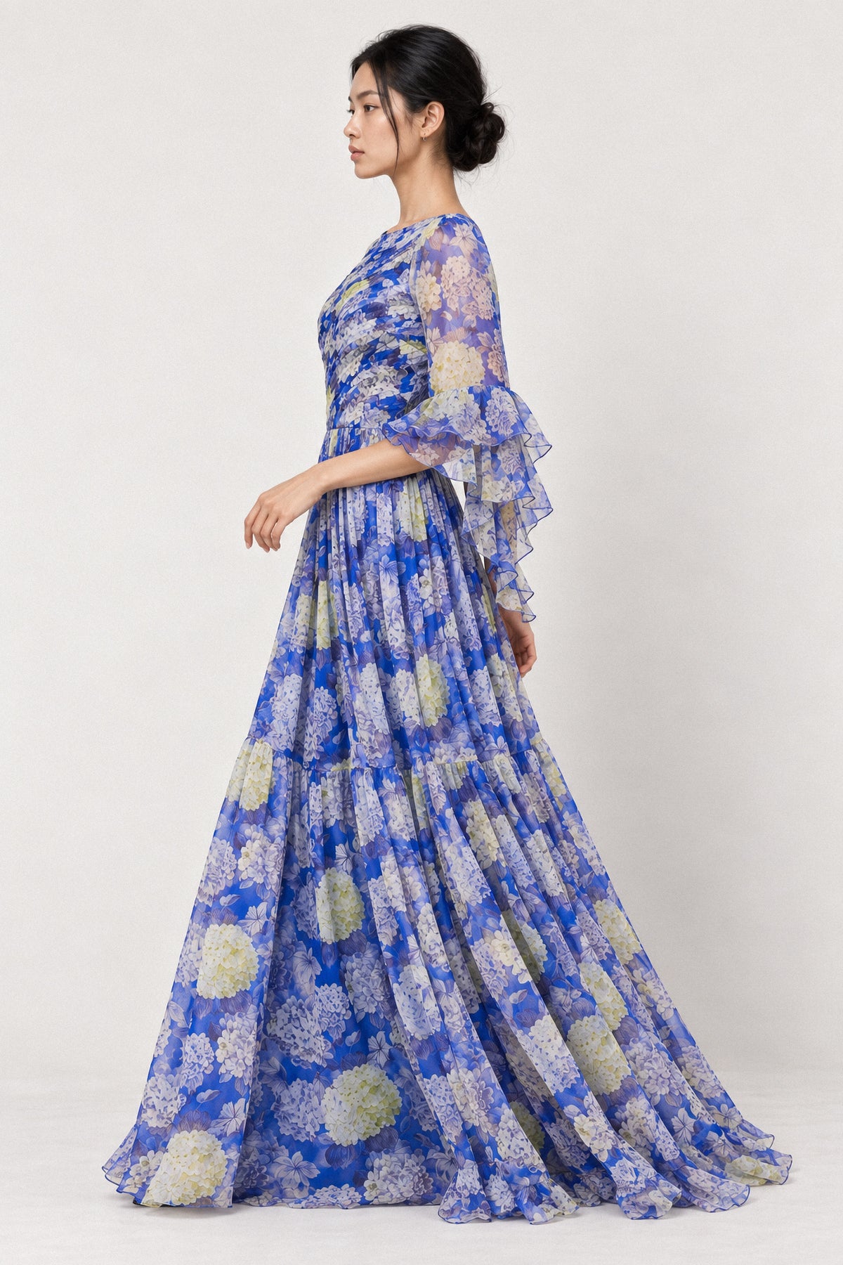BLUE HYDRANGEA SILK CHIFFON GOWN
