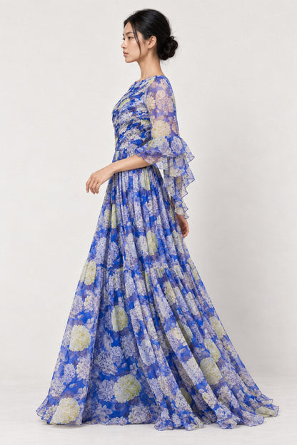 BLUE HYDRANGEA SILK CHIFFON GOWN