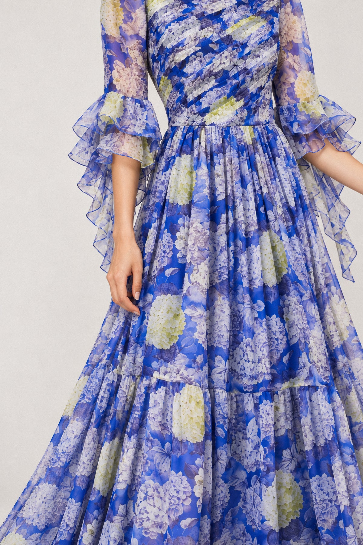 BLUE HYDRANGEA SILK CHIFFON GOWN