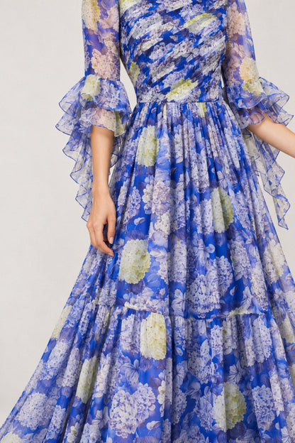 BLUE HYDRANGEA SILK CHIFFON GOWN