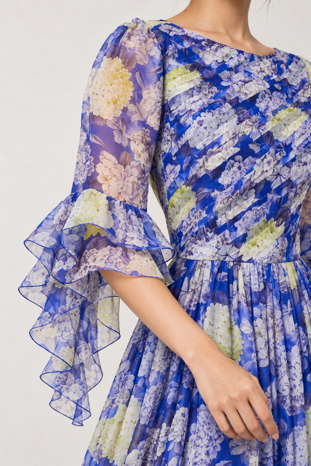 BLUE HYDRANGEA SILK CHIFFON GOWN