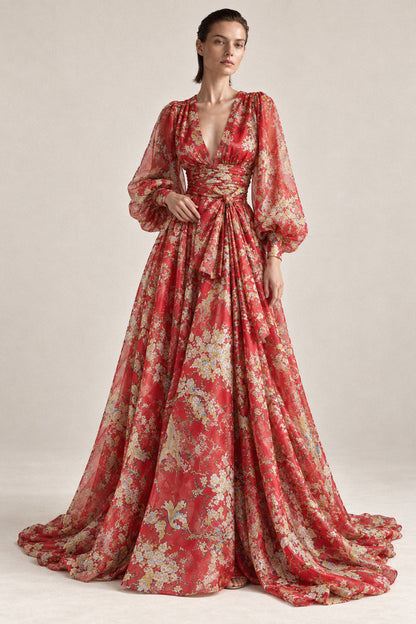 RED PRINTED SILK CHIFFON GOWN