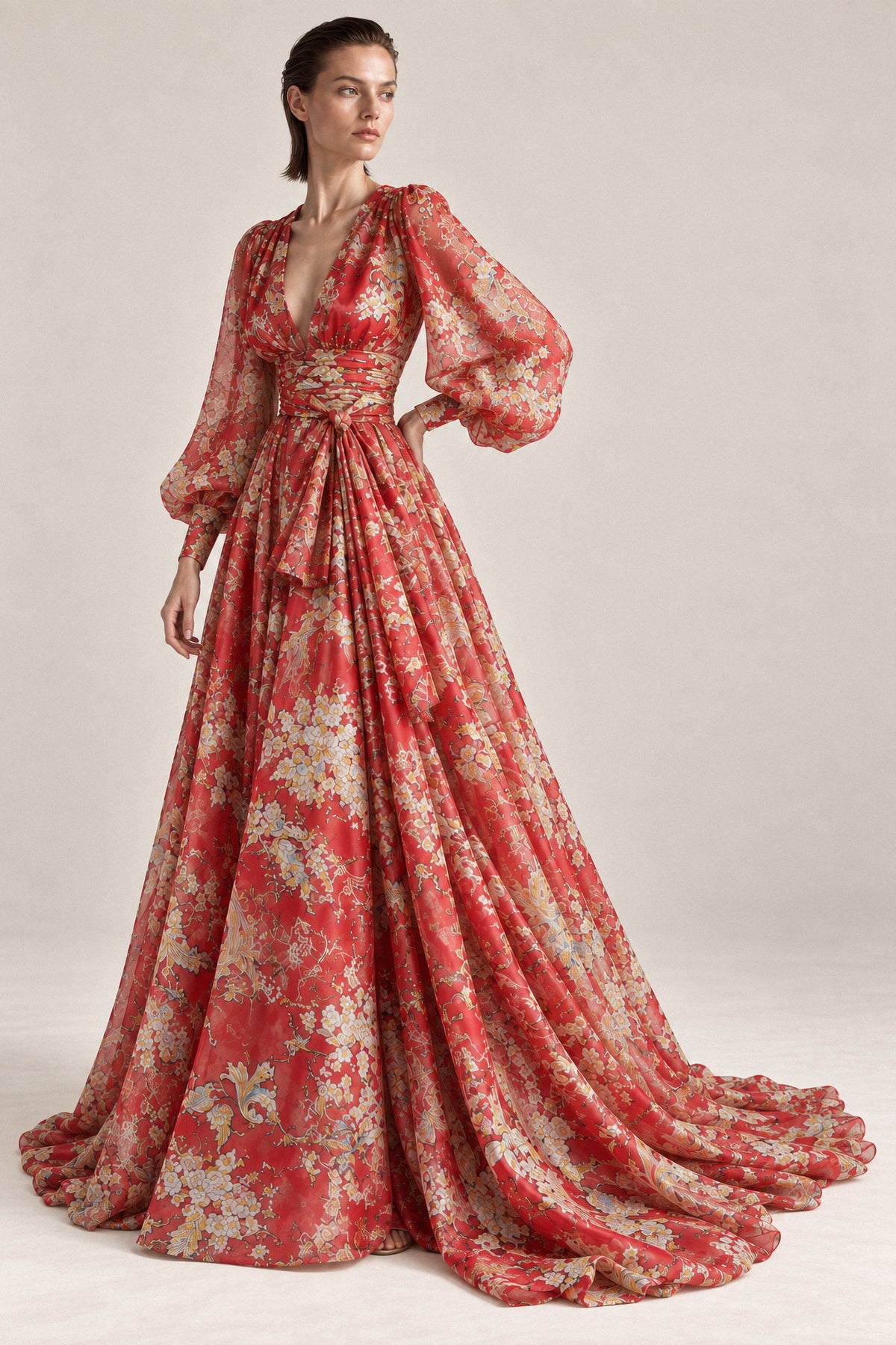 RED PRINTED SILK CHIFFON GOWN