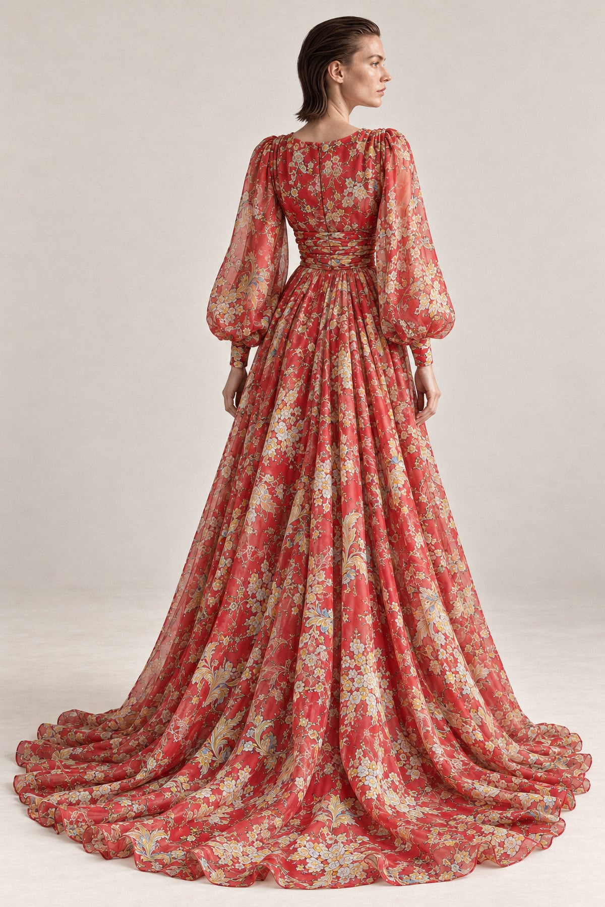 RED PRINTED SILK CHIFFON GOWN