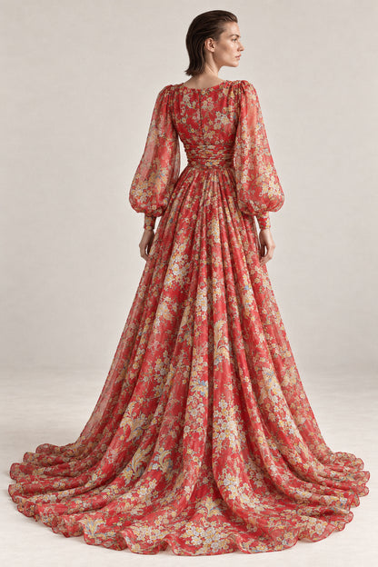 RED PRINTED SILK CHIFFON GOWN