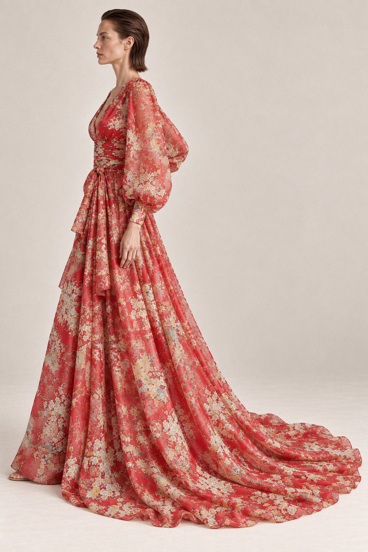 RED PRINTED SILK CHIFFON GOWN