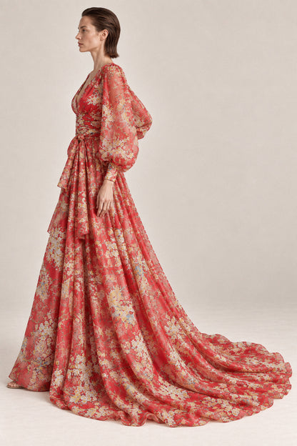 RED PRINTED SILK CHIFFON GOWN