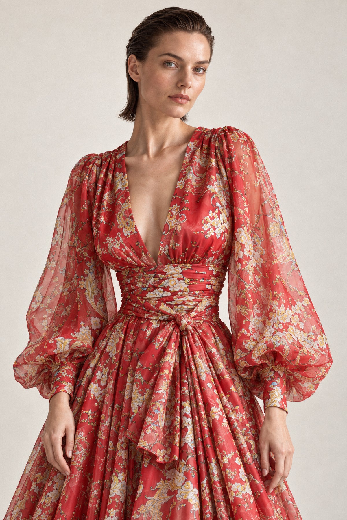 RED PRINTED SILK CHIFFON GOWN