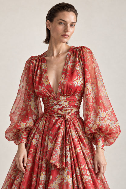 RED PRINTED SILK CHIFFON GOWN