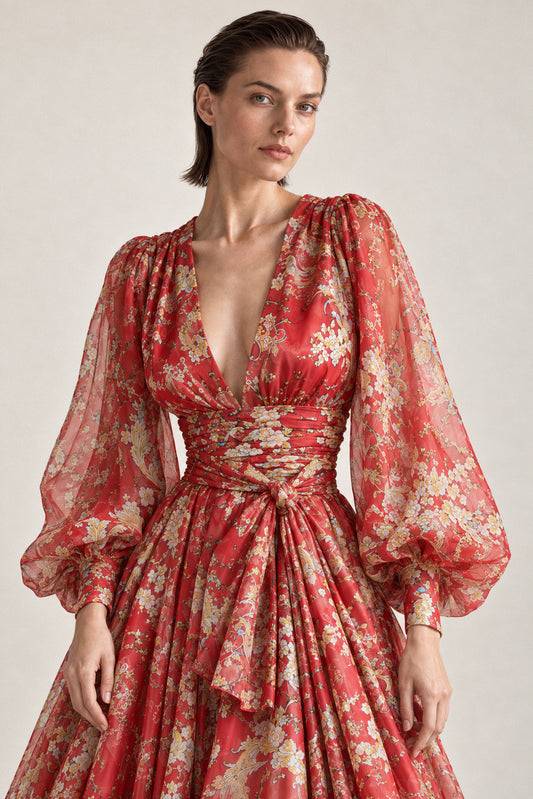 RED PRINTED SILK CHIFFON GOWN