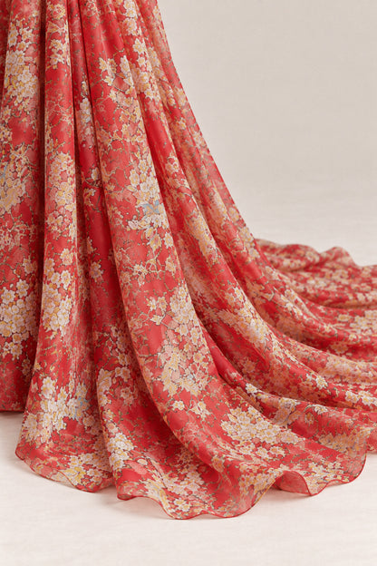 RED PRINTED SILK CHIFFON GOWN