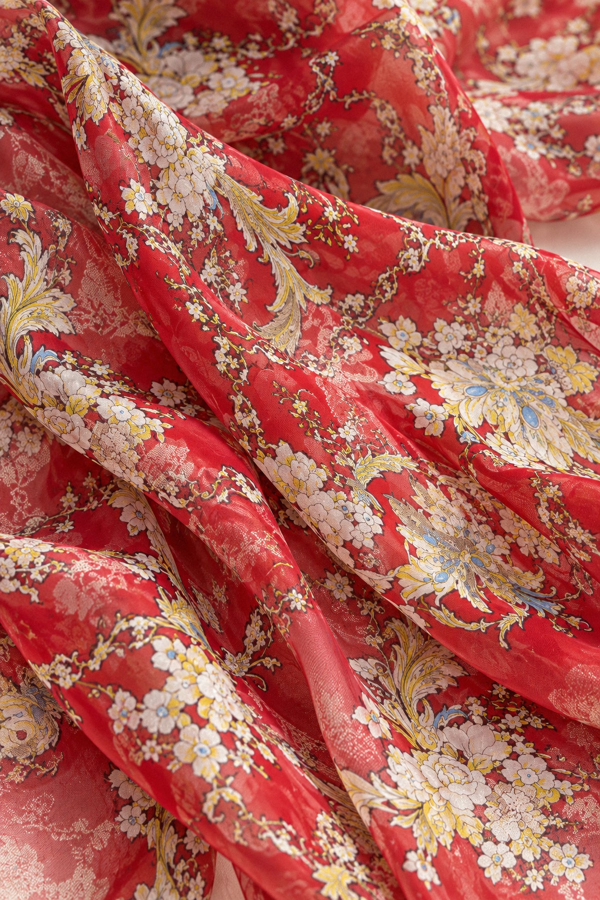 RED PRINTED SILK CHIFFON GOWN