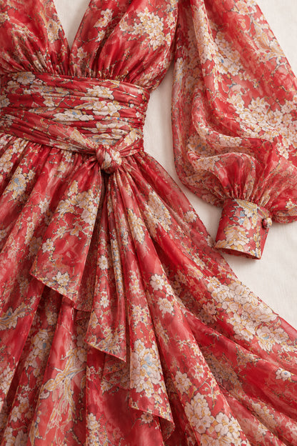 RED PRINTED SILK CHIFFON GOWN