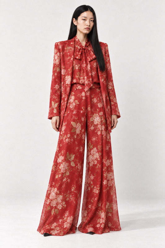 RED BLOSSOM SILK CHIFFON THREE-PIECE SUIT