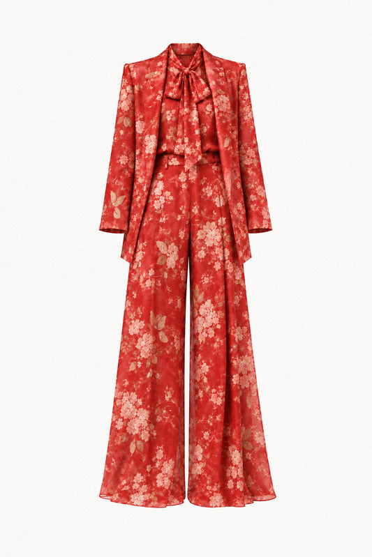RED BLOSSOM SILK CHIFFON THREE-PIECE SUIT
