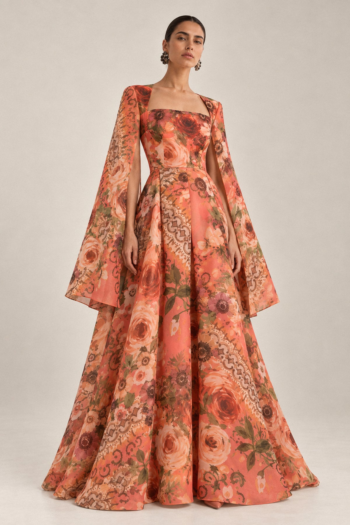 CORAL FLORAL SILK ORGANZA CAPE GOWN
