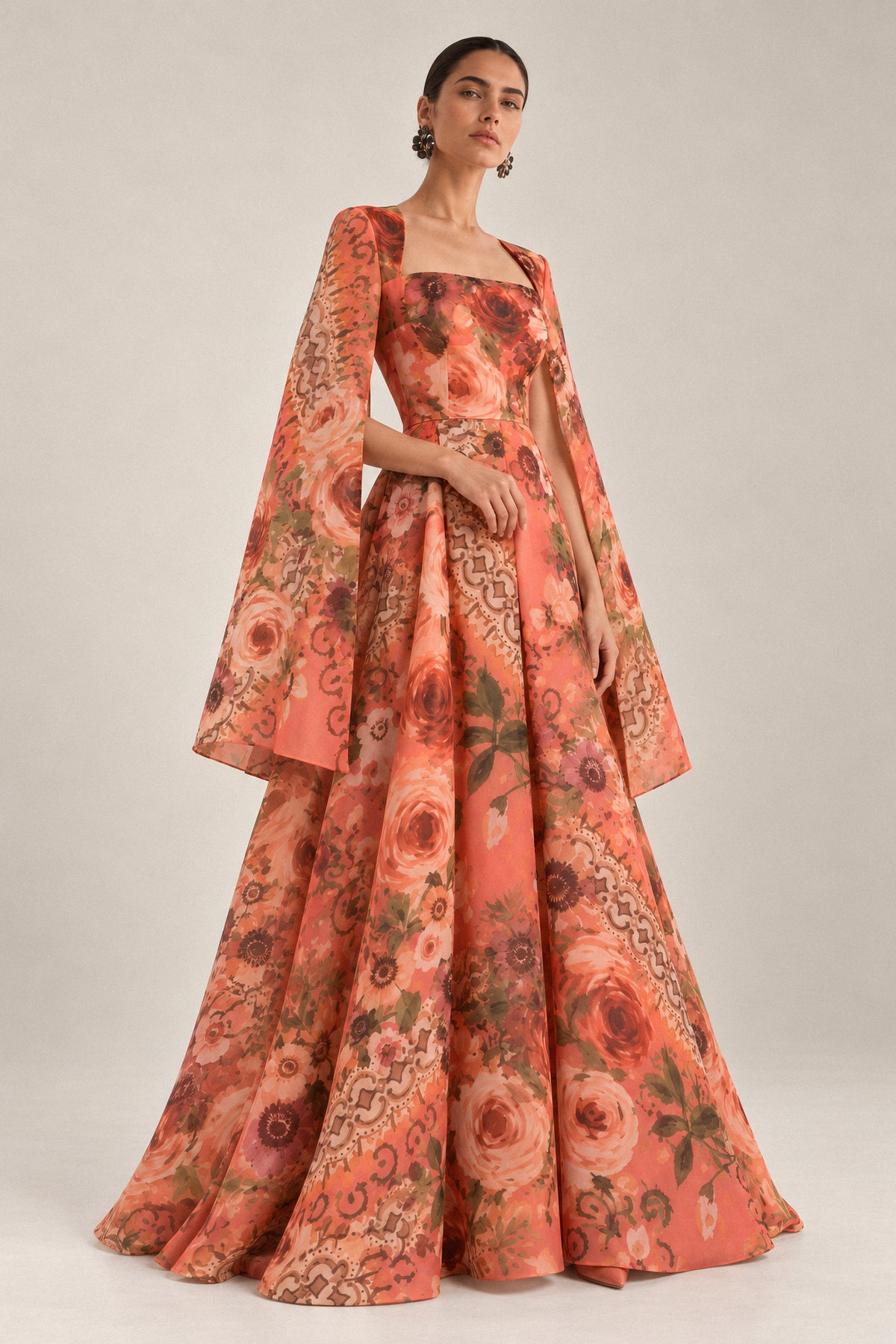 CORAL FLORAL SILK ORGANZA CAPE GOWN