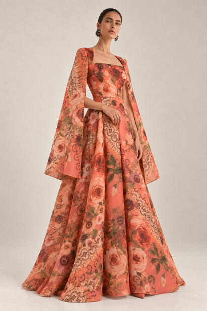 CORAL FLORAL SILK ORGANZA CAPE GOWN