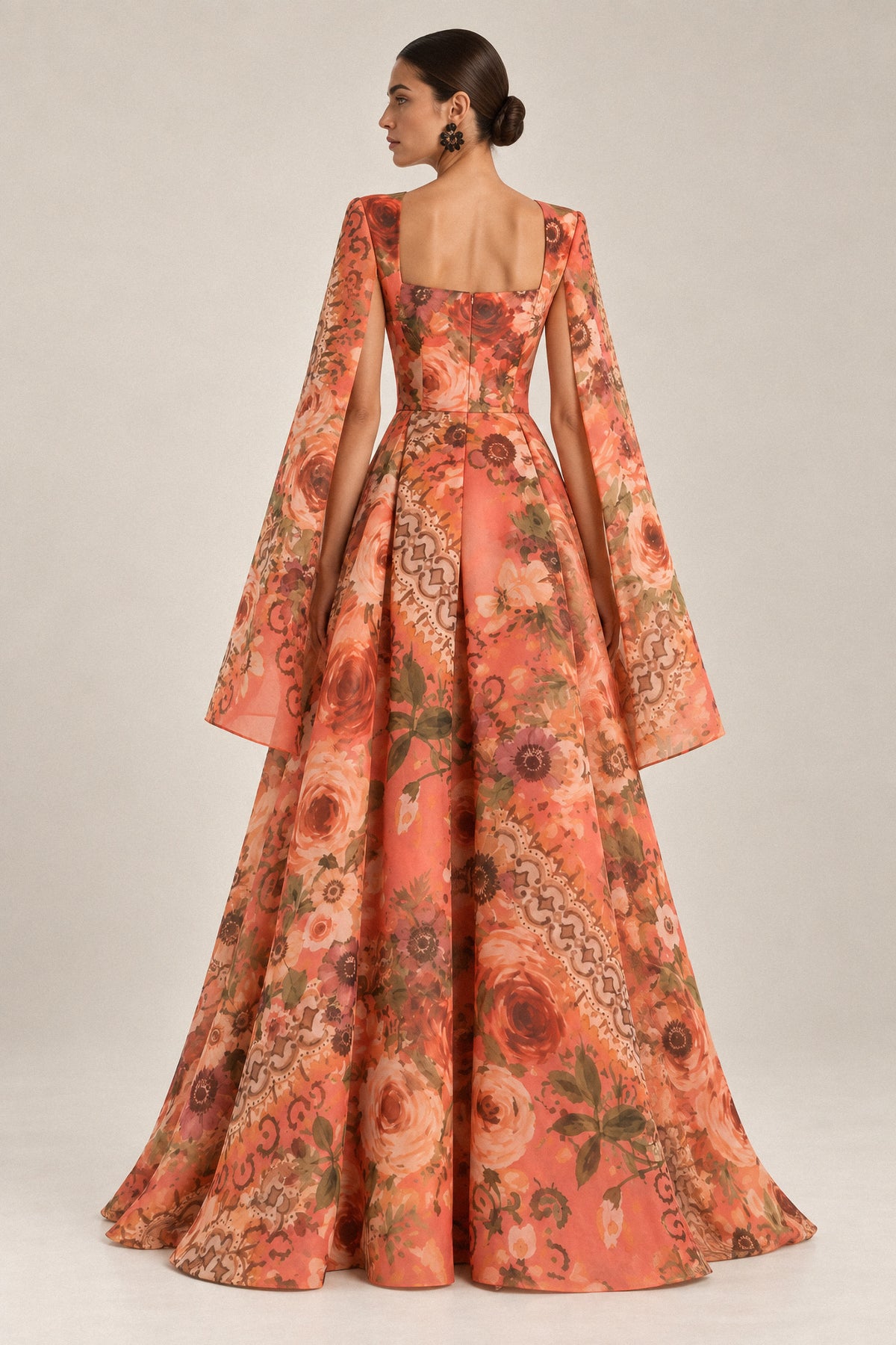 CORAL FLORAL SILK ORGANZA CAPE GOWN