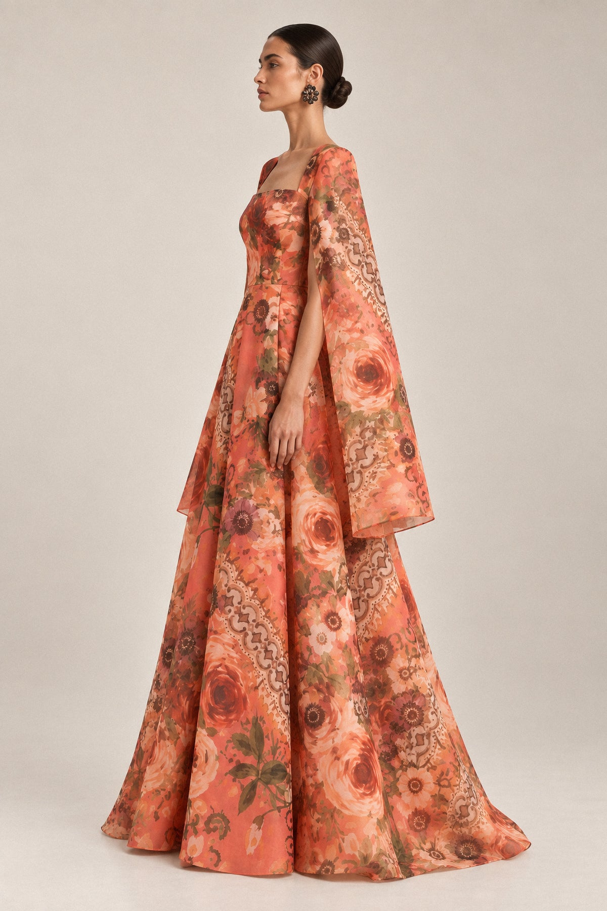 CORAL FLORAL SILK ORGANZA CAPE GOWN