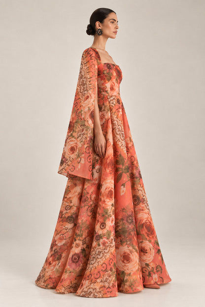 CORAL FLORAL SILK ORGANZA CAPE GOWN