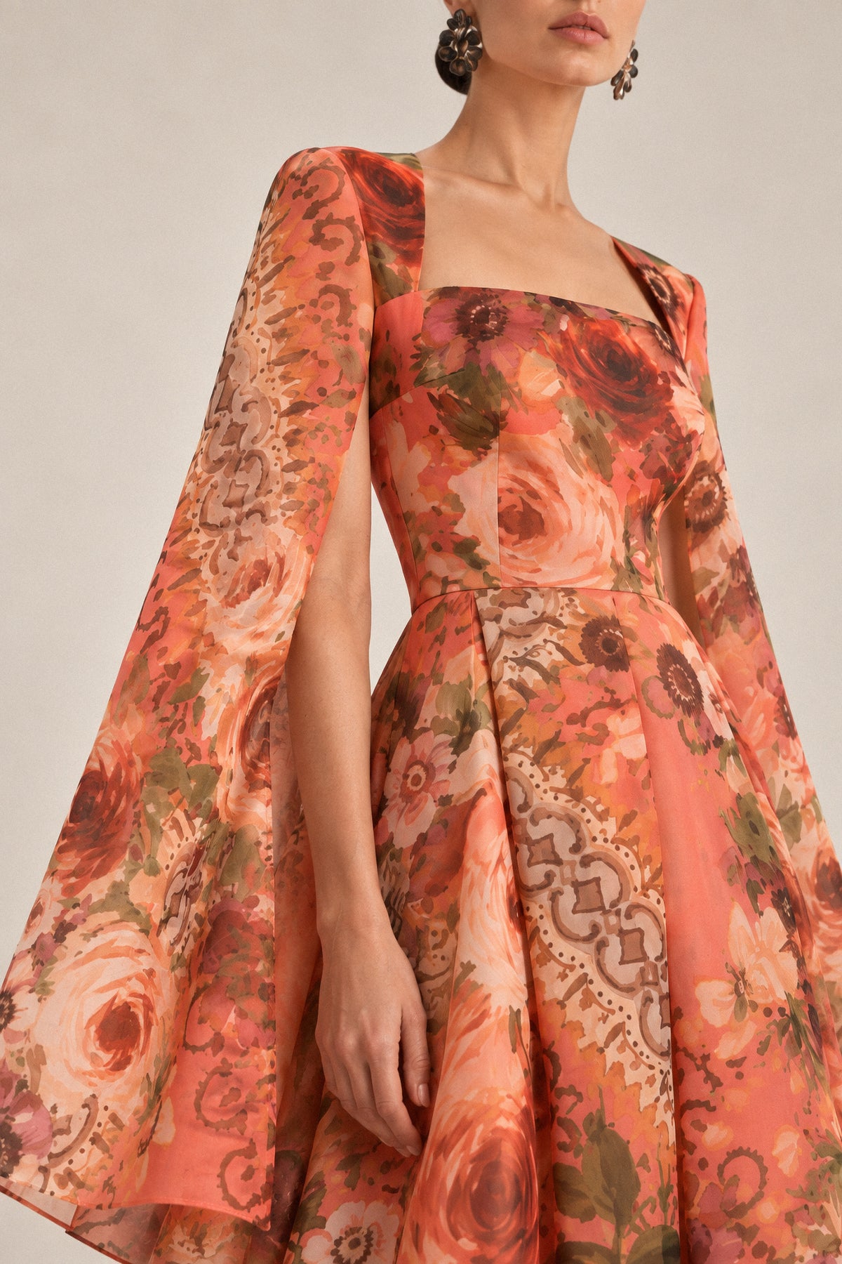 CORAL FLORAL SILK ORGANZA CAPE GOWN