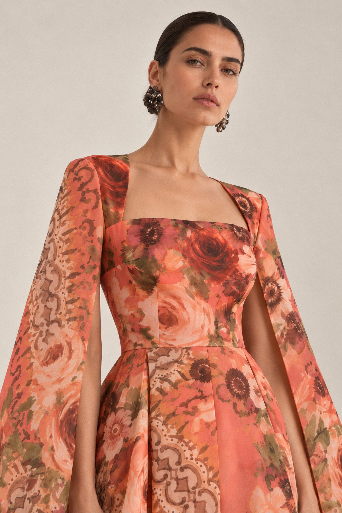 CORAL FLORAL SILK ORGANZA CAPE GOWN