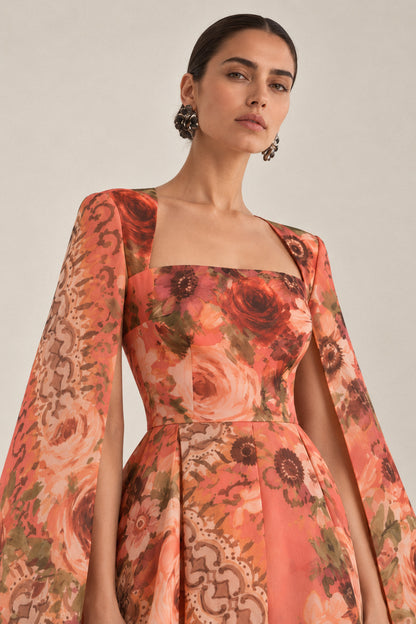 CORAL FLORAL SILK ORGANZA CAPE GOWN
