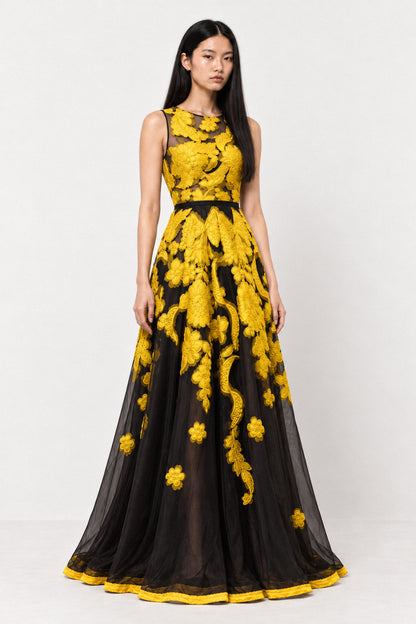 SAFFRON EMBROIDERED ORGANZA GOWN