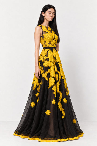 SAFFRON EMBROIDERED ORGANZA GOWN