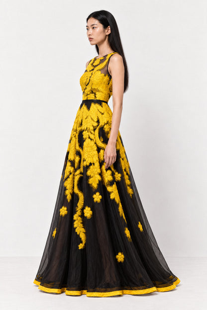 SAFFRON EMBROIDERED ORGANZA GOWN