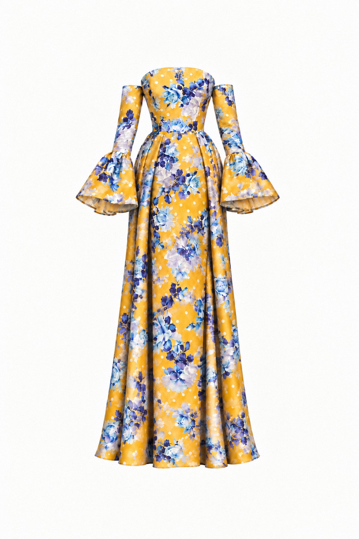 YELLOW FLORAL SILK GOWN WITH TRAIN