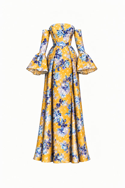 YELLOW FLORAL SILK GOWN WITH TRAIN