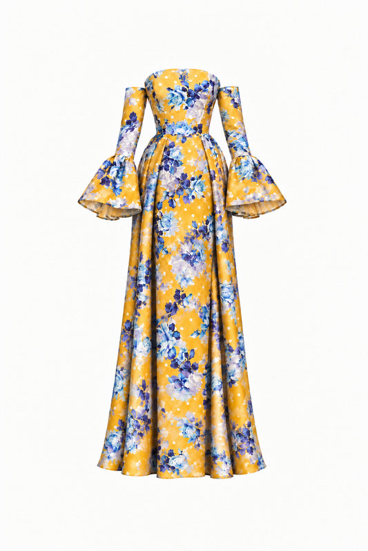 YELLOW FLORAL SILK GOWN WITH TRAIN