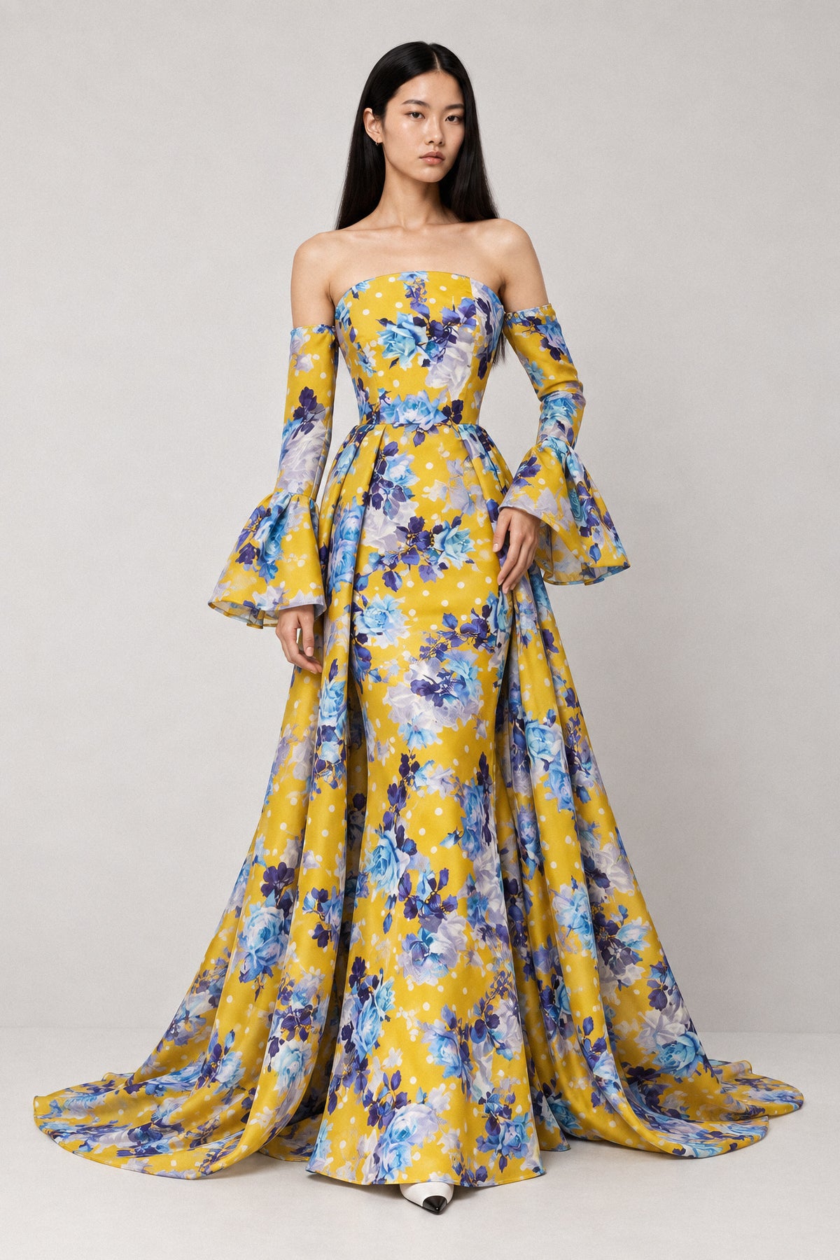 YELLOW FLORAL SILK GOWN WITH TRAIN