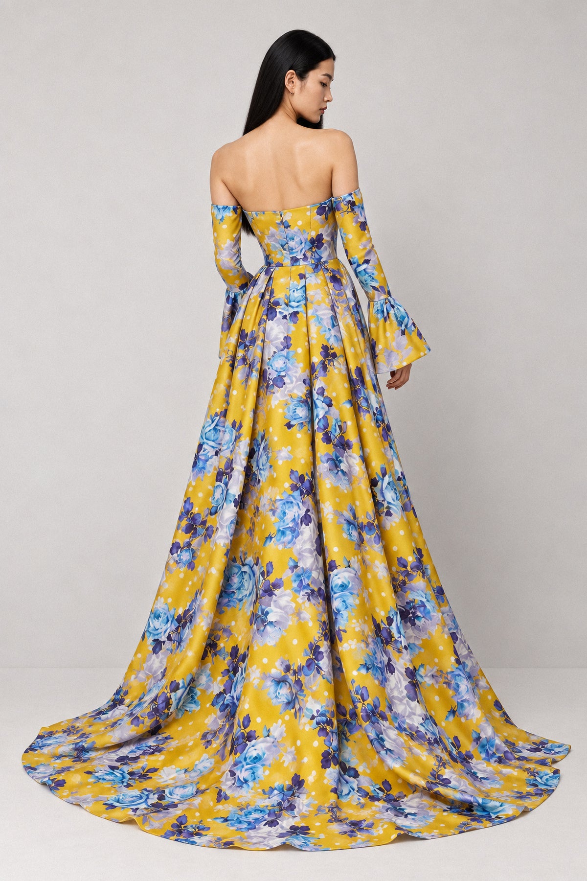 YELLOW FLORAL SILK GOWN WITH TRAIN