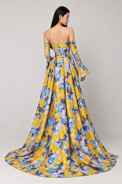 YELLOW FLORAL SILK GOWN WITH TRAIN