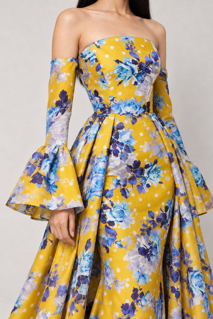 YELLOW FLORAL SILK GOWN WITH TRAIN