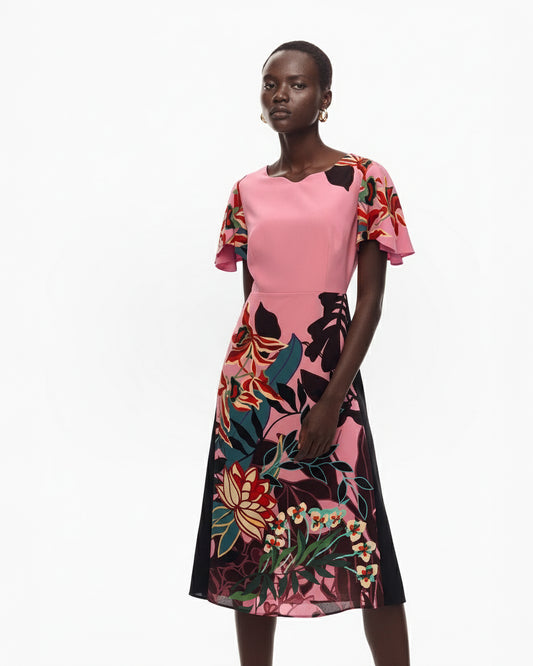 FLORAL PANEL SILK MIDI DRESS