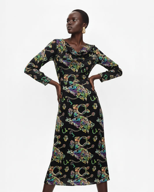 PRINTED SILK DRAPED MIDI DRESS
