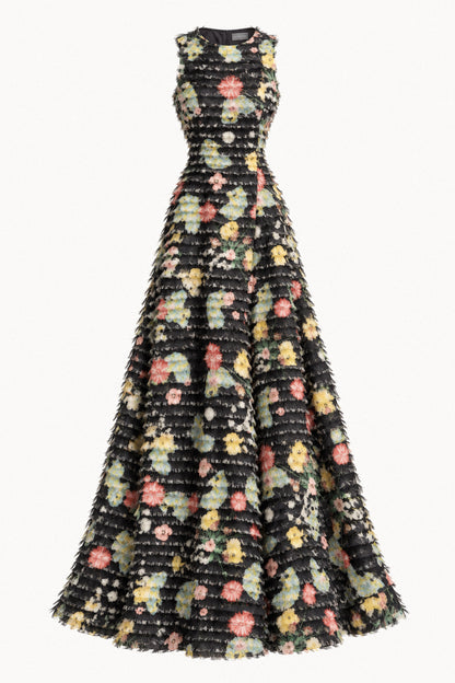 FRINGED FLORAL SILK GOWN