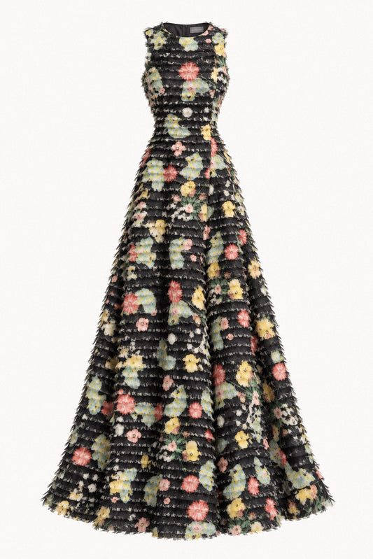 FRINGED FLORAL SILK GOWN